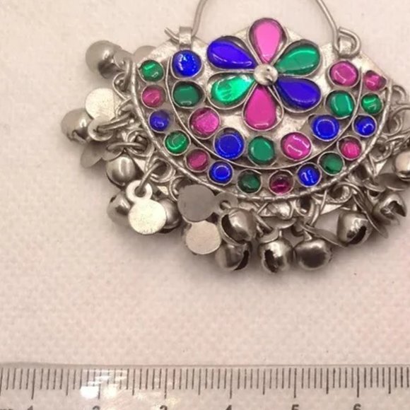 Silver Glass Stones Earrings, Tribal Kuchi Earrings, Hoop Earring, Boho BellsEar - Picture 5 of 6